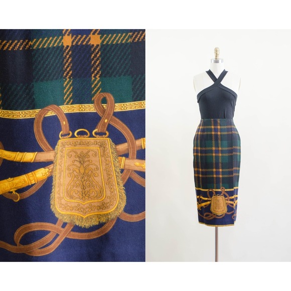 The Unbranded Brand Dresses & Skirts - Ann Taylor green plaid wool wrap skirt 90s vtg equestrian novelty print skirt